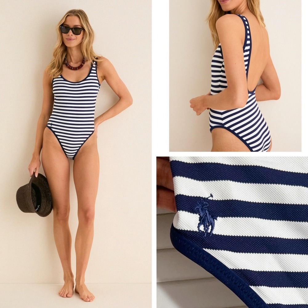 POLO RALPH LAUREN White and Navy Blue Pique Stripe One Piece Swimsuit Size M